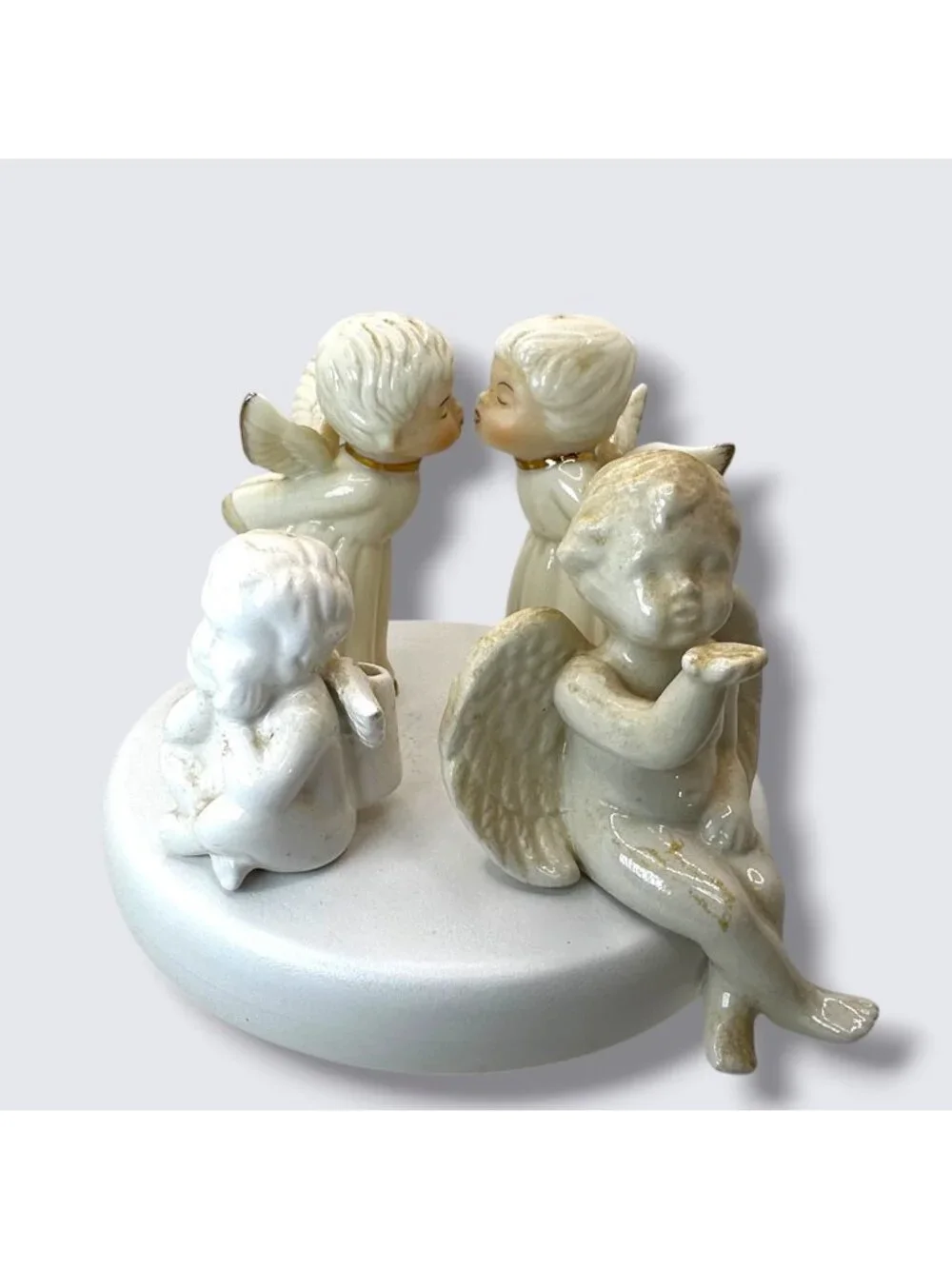 Porcelain Angel Figurines Set Of 4 With Romantic & Playful Poses White & Gold Ac